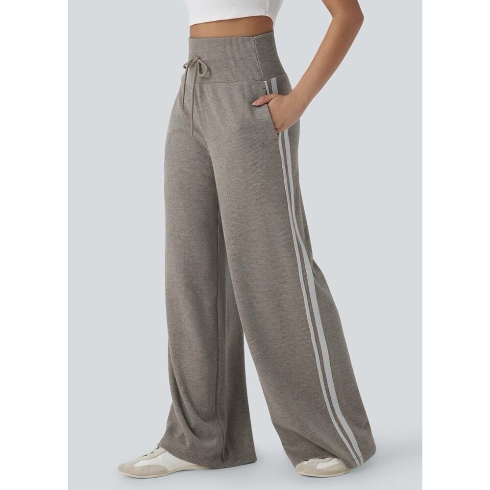 Halara HW Drawstring Wide Leg Stripe Casual Pants with Pockets Size Medium